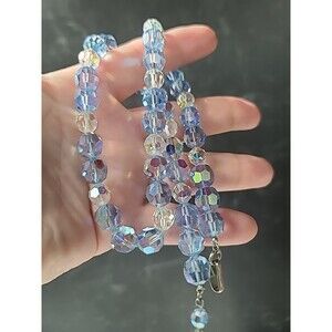 Aurora Borealis Crystal Blue And Clear Adjustable Beaded Necklace Vintage